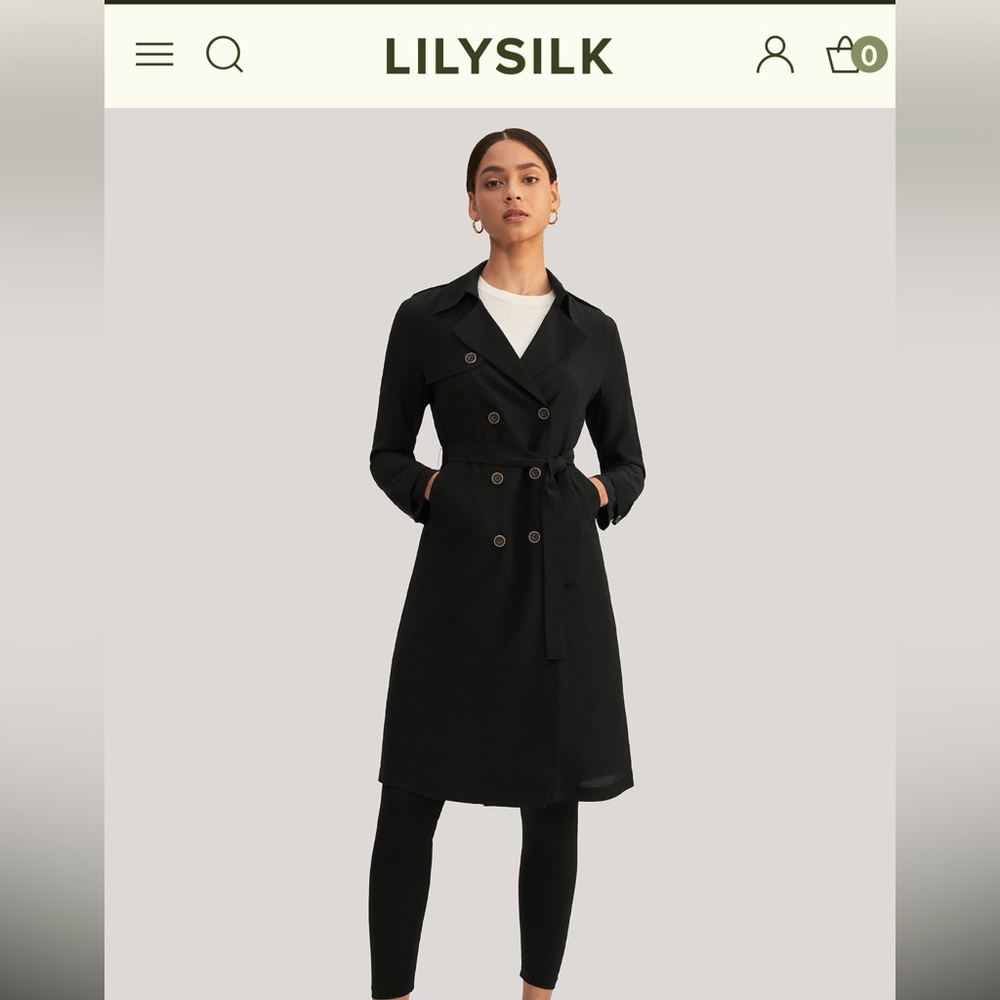 NWT Lilysilk black trench coat classic medium sustainable silk luxury